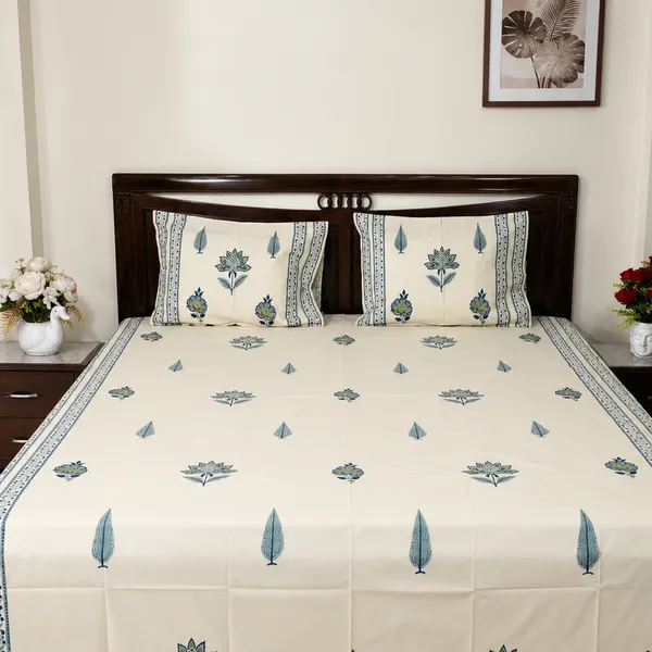 Rajputana_Hand_Block_Printed_Double_Bedsheet_100_Cotton_Slate_Blue_Lotus_Cypress_On_Cream