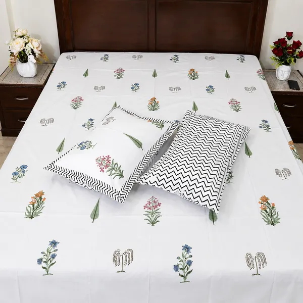 Madhavi_Hand_Block_Printed_Double_Bedsheet_100_Cotton_Wildflower_Meadow_Cypress_Coral_Blue_Mix