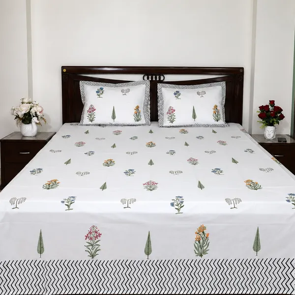 Madhavi_Hand_Block_Printed_Double_Bedsheet_100_Cotton_Wildflower_Meadow_Cypress_Coral_Blue_Mix