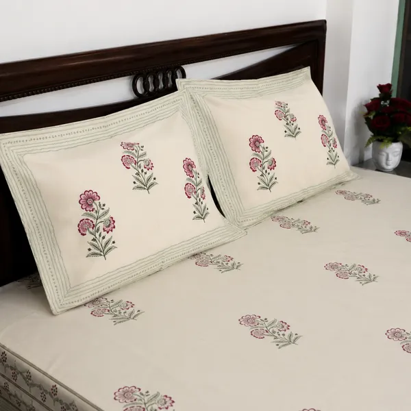 Madhuban_Hand_Block_Printed_Double_Bedsheet_100_Cotton_Dusty_Pink_Carnation_On_Ivory