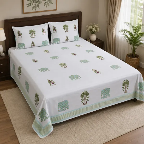 Chameli_Hand_Block_Printed_Double_Bedsheet_100_Cotton_Sage_Green_Elephant_Palm_Tree_Jasmine_Print