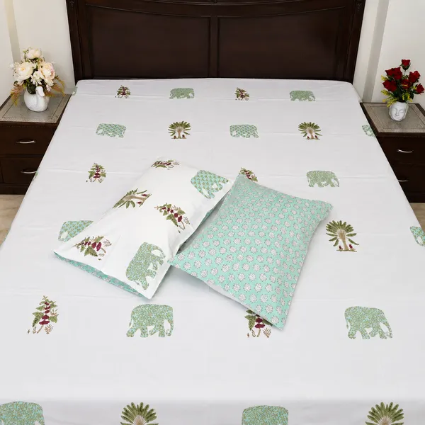 Chameli_Hand_Block_Printed_Double_Bedsheet_100_Cotton_Sage_Green_Elephant_Palm_Tree_Jasmine_Print
