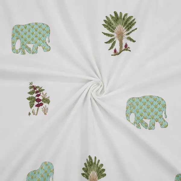 Chameli_Hand_Block_Printed_Double_Bedsheet_100_Cotton_Sage_Green_Elephant_Palm_Tree_Jasmine_Print