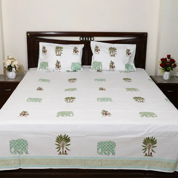 Chameli_Hand_Block_Printed_Double_Bedsheet_100_Cotton_Sage_Green_Elephant_Palm_Tree_Jasmine_Print