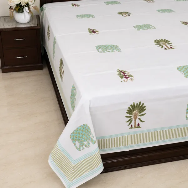 Chameli_Hand_Block_Printed_Double_Bedsheet_100_Cotton_Sage_Green_Elephant_Palm_Tree_Jasmine_Print