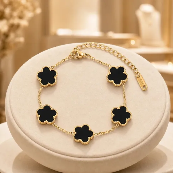 Gold_Tone_Black_Clover_Charm_Bracelet_For_Women