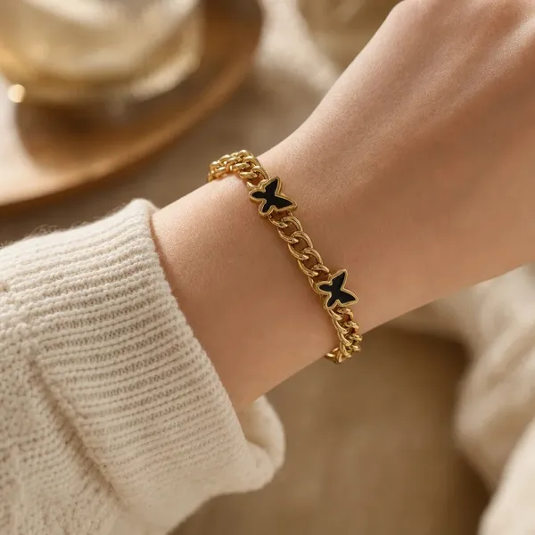 Gold_Anti-Tarnish_Black_Butterfly_Charm_Chain_Bracelet_For_Women