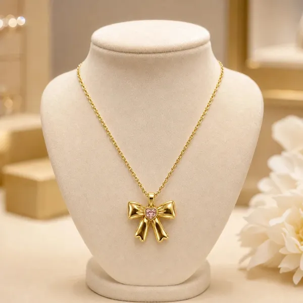 Gold_Tone_Bow_Pendant_Necklace_For_Women