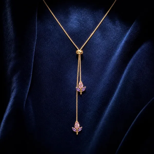 Gold_And_Purple_Tone_Lotus_Drop_Lariat_Necklace_For_Women