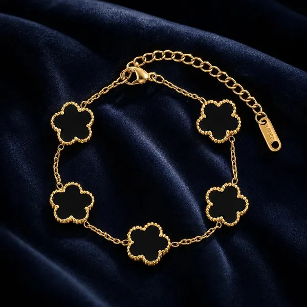 Gold_Tone_Black_Clover_Charm_Bracelet_For_Women