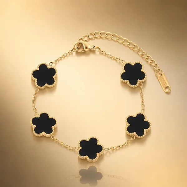 Gold_Tone_Black_Clover_Charm_Bracelet_For_Women