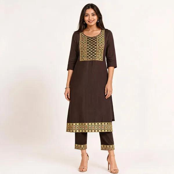 Brown_Cotton_Straight_Embroidered_Kurti_Set_For_Women