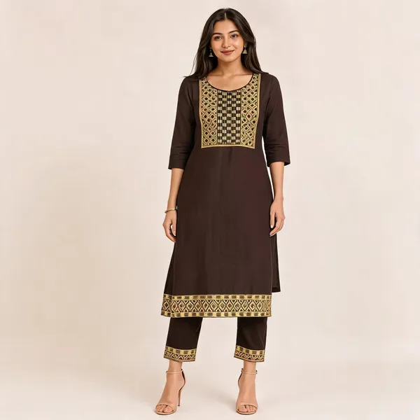 Brown_Cotton_Straight_Embroidered_Kurti_Set_For_Women