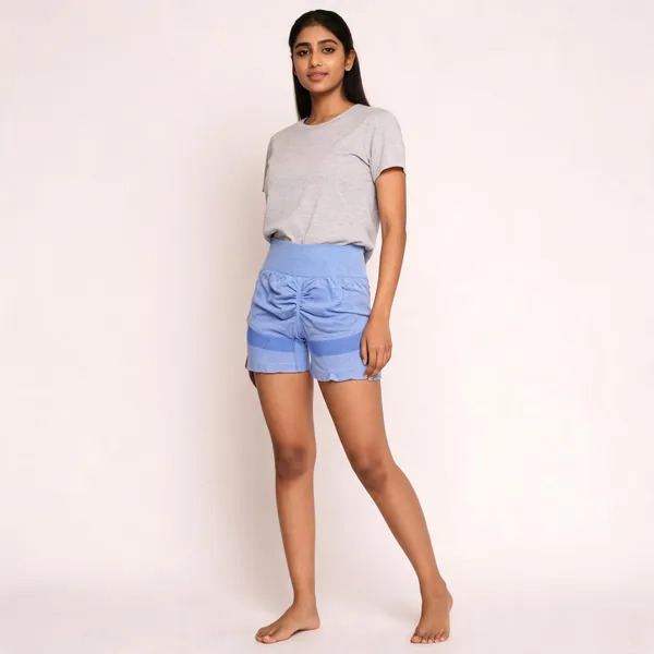 Blue_Polyester_Fitted_Mesh_Panel_Shorts_For_Women