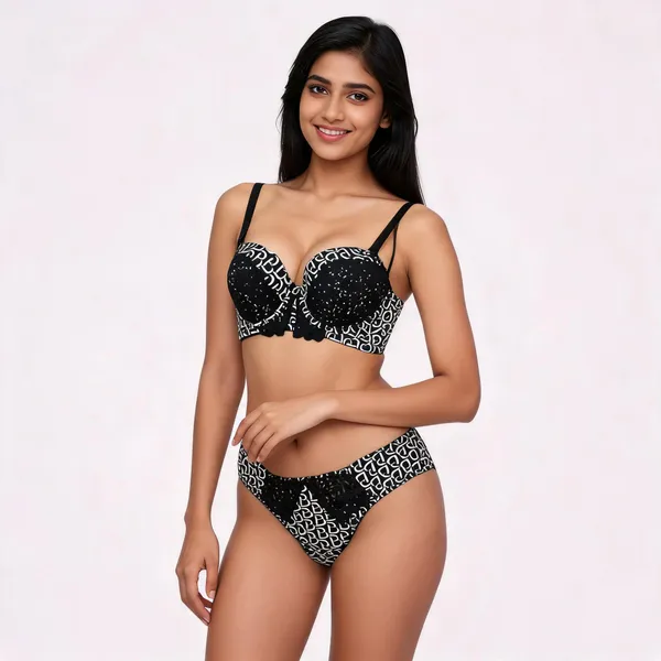 Black_Cotton_Monogram_Print_Bikini_Lingerie_Set_For_Women