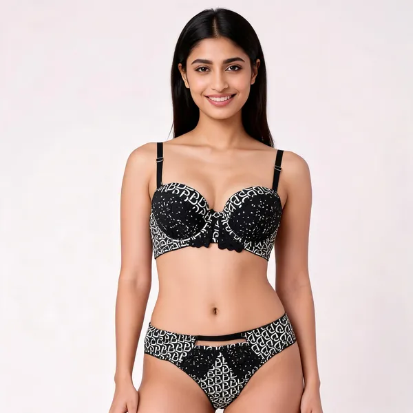 Black_Cotton_Monogram_Print_Bikini_Lingerie_Set_For_Women