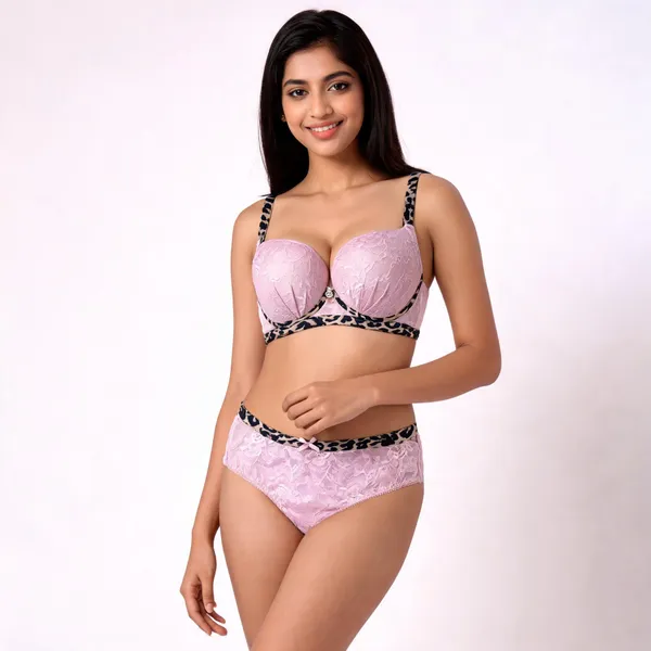 Pink_Cotton_Floral_Lace_Lingerie_Set_For_Women