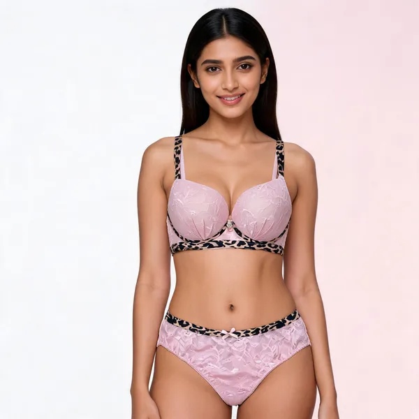 Pink_Cotton_Floral_Lace_Lingerie_Set_For_Women