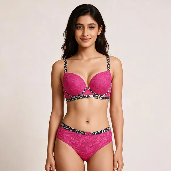 Pink_Cotton_Floral_Lace_Lingerie_Set_For_Women