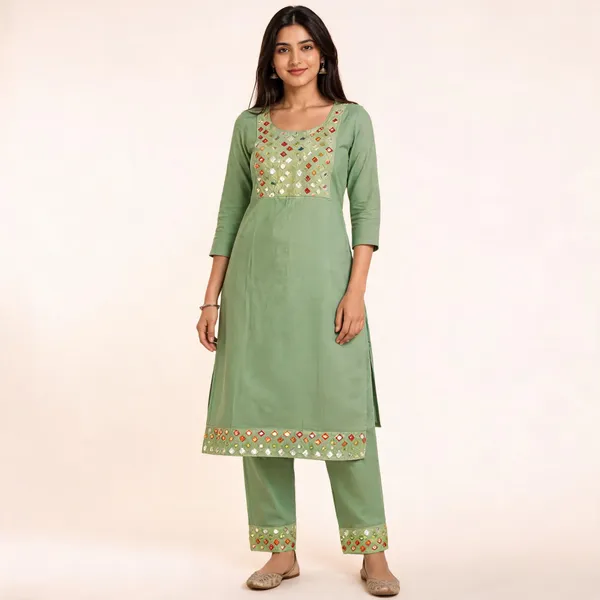 Green_Cotton_Straight_Kurti_Set_For_Women