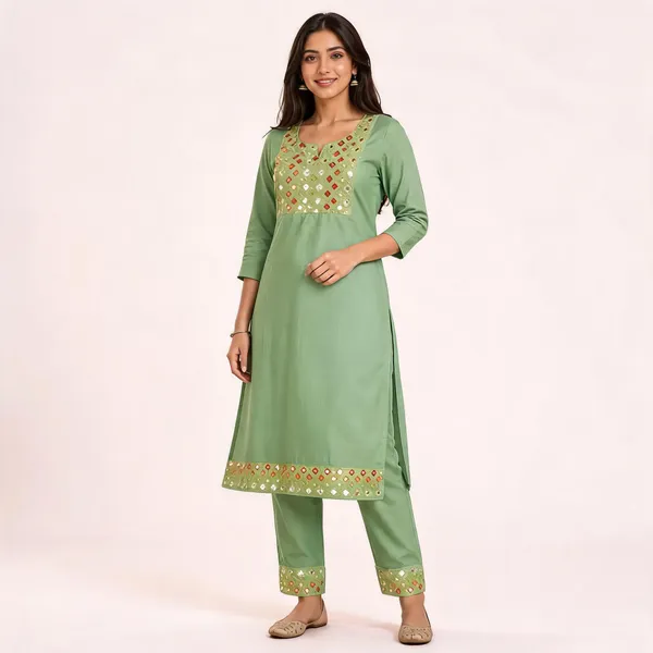 Green_Cotton_Straight_Kurti_Set_For_Women