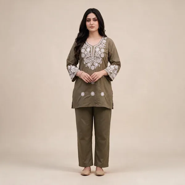 Beige_And_Brown_Cotton_Printed_Kurta_Set_For_Women