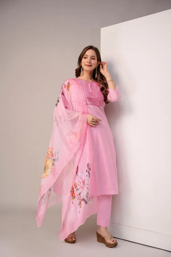 Light_Pink_And_Yellow_Floral_Cotton_Printed_Kurta_Set_For_Women