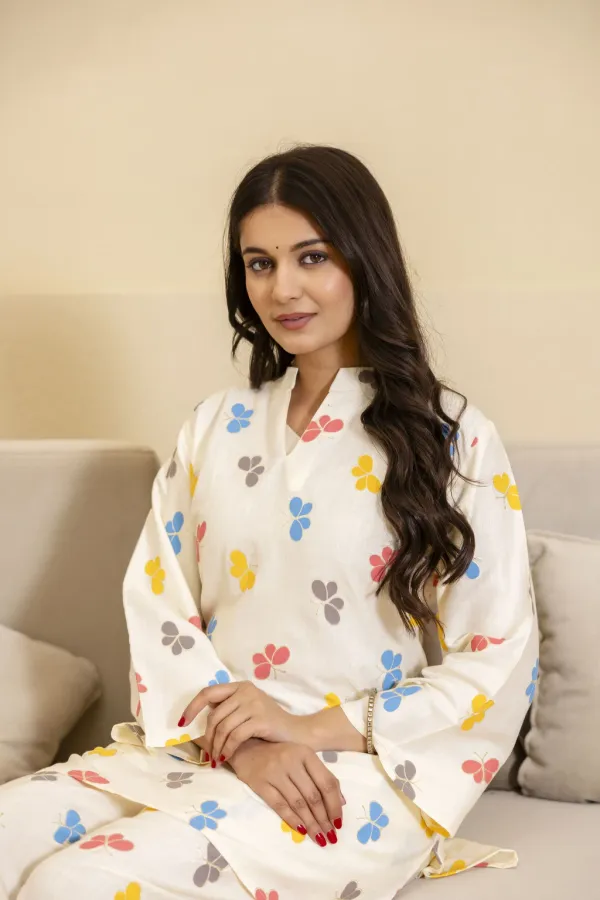 Cream_And_Mustard_Yellow_Cotton_Printed_Kurta_Set_For_Women