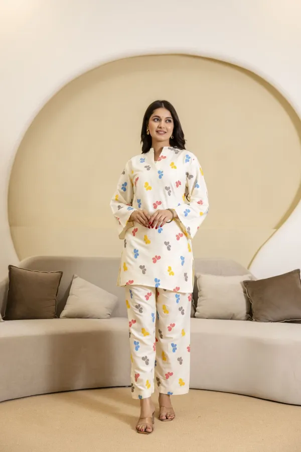 Cream_And_Mustard_Yellow_Cotton_Printed_Kurta_Set_For_Women