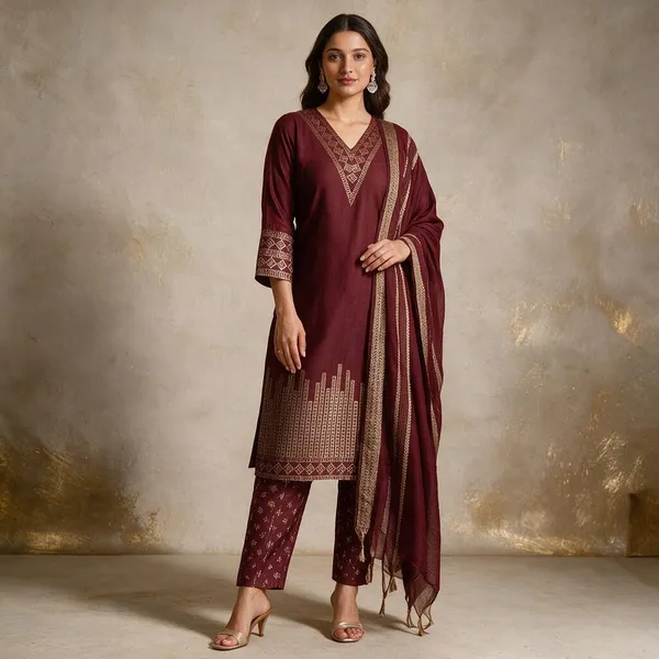 Burgundy_Cotton_Straight_Printed_Kurta_Pant_Dupatta_Set_For_Women