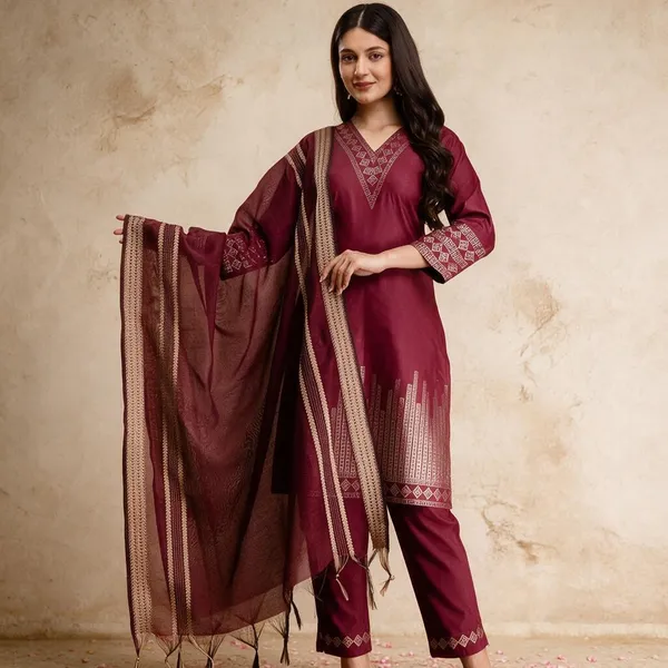Burgundy_Cotton_Straight_Printed_Kurta_Pant_Dupatta_Set_For_Women