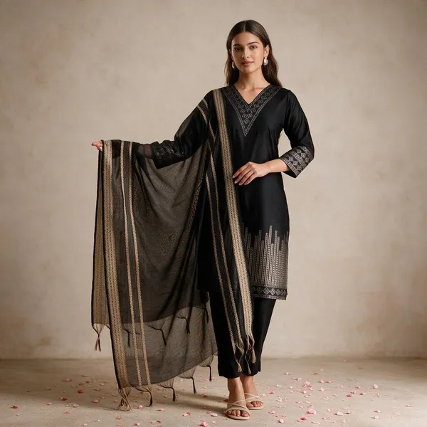 Black_Cotton_Straight_Embroidered_Kurta_Pant_Dupatta_Set_For_Women