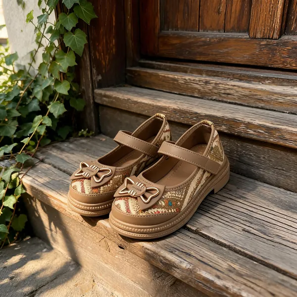 Beige_Synthetic_Bow_Mary_Jane_Shoes_For_Girls