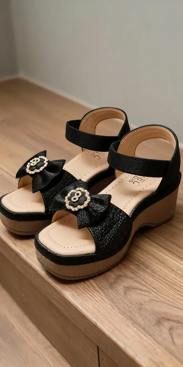 Black_Synthetic_Bow_Embellished_Wedge_Sandals_For_Women