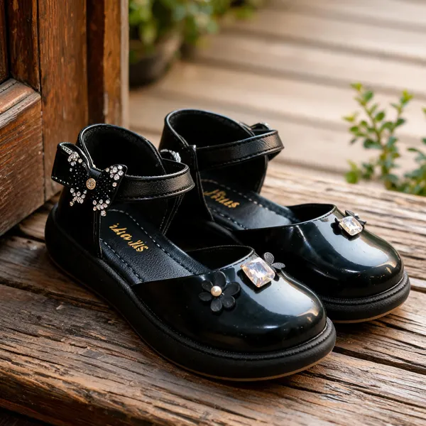 Black_Synthetic_Crystal_Embellished_Mary_Jane_Shoes_For_Girls