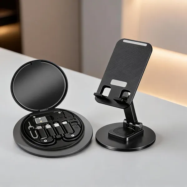Black_Plastic_&_Metal_Data_Cable_&_Foldable_Mobile_Stand_Set