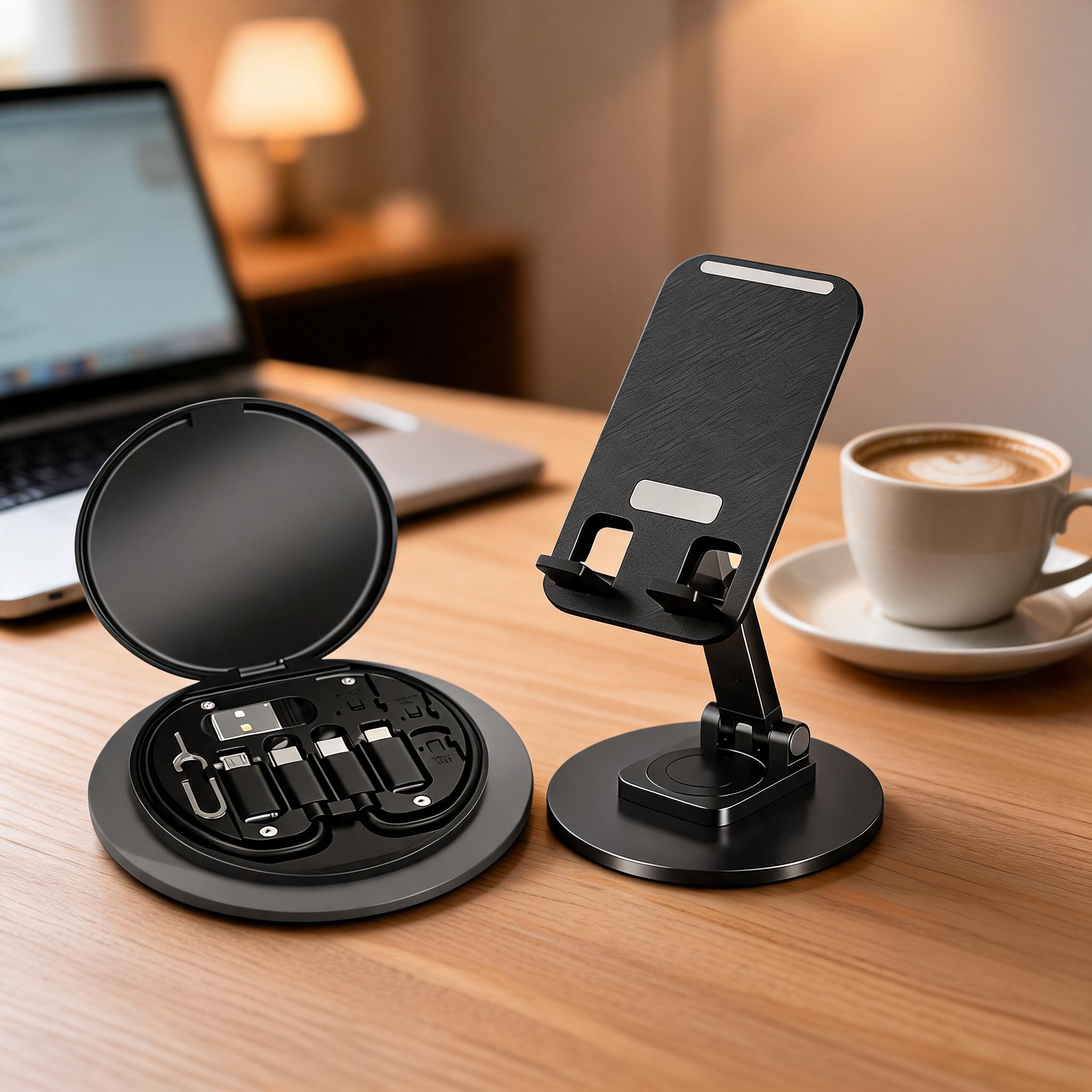 Black_Plastic_&_Metal_Data_Cable_&_Foldable_Mobile_Stand_Set