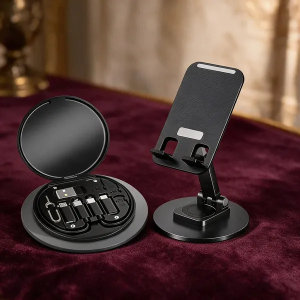 Black_Plastic_&_Metal_Data_Cable_&_Foldable_Mobile_Stand_Set