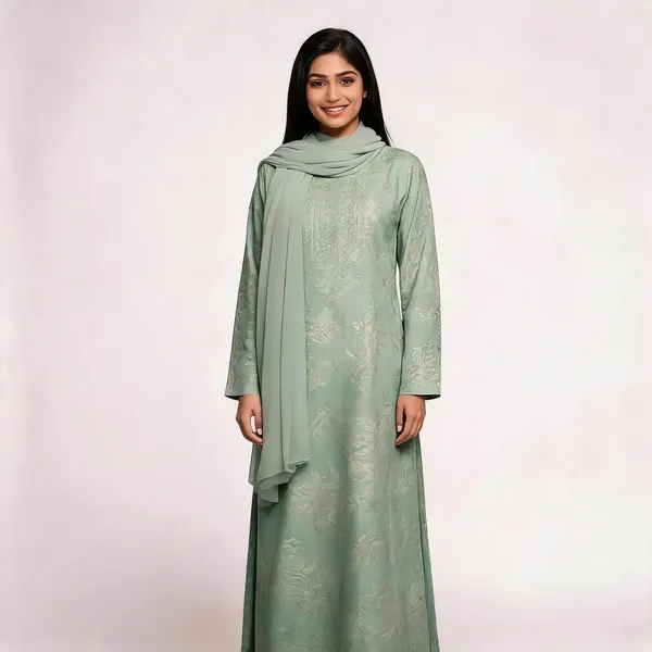 Sage_Green_Cotton_Abaya_With_Scarf_For_Women