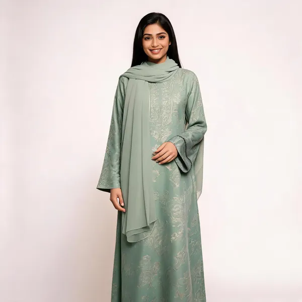 Sage_Green_Cotton_Abaya_With_Scarf_For_Women