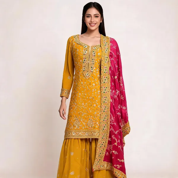 Yellow_Soft_Vichitra_Kurta_Set_For_Women