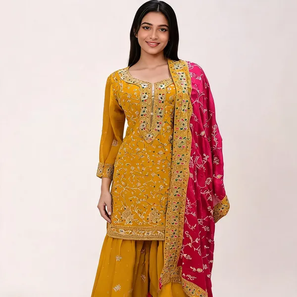 Yellow_Soft_Vichitra_Kurta_Set_For_Women