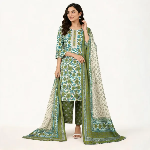 Green_Cotton_Kurta_Set_For_Women