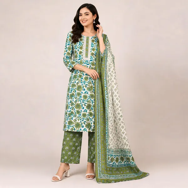 Green_Cotton_Kurta_Set_For_Women