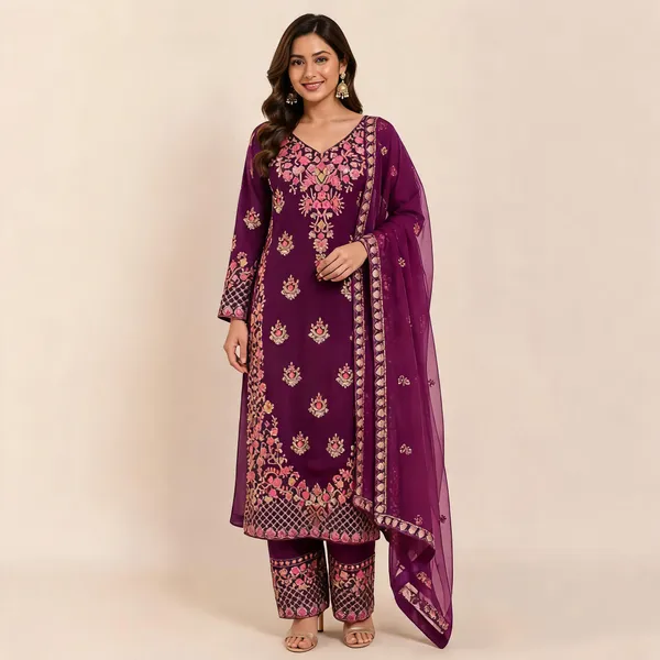 Wine_Georgette_Kurta_Set_For_Women
