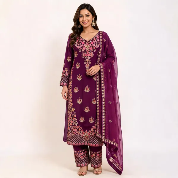 Wine_Georgette_Kurta_Set_For_Women