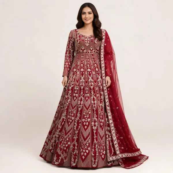 Red_Cotton_Gown_And_Dupatta_For_Women