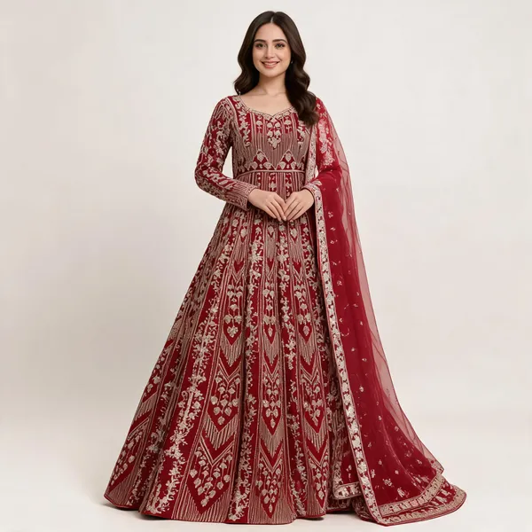 Red_Cotton_Gown_And_Dupatta_For_Women