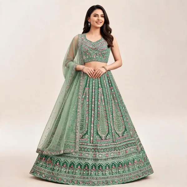 Light_Green_Cotton_Lehenga_Blouse_And_Dupatta_For_Women