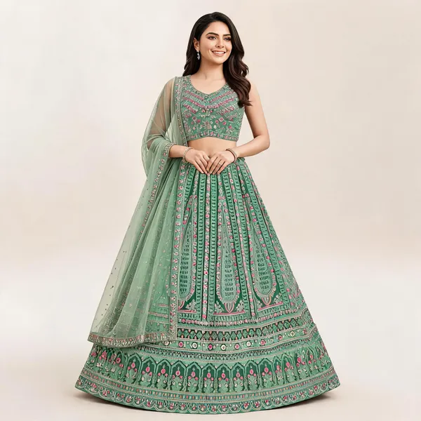Light_Green_Cotton_Lehenga_Blouse_And_Dupatta_For_Women